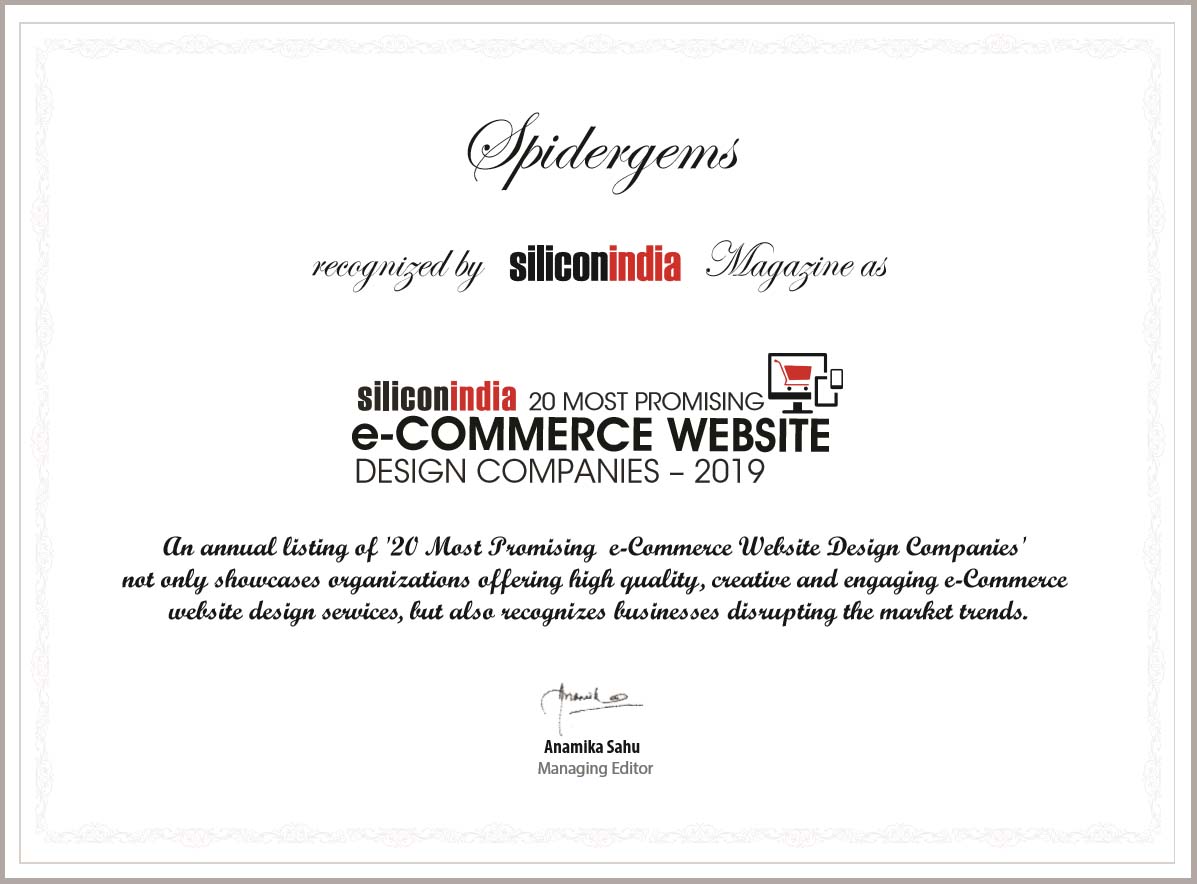 Certificate issued by Silicon India Magazine as one of the top eCommerce web design companies